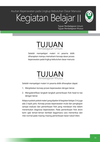 Tujuan Pembelajaran Umum
Tujuan Pembelajaran Khusus
Kegiatan Belajar
18
II
Setelah mempelajari materi ini peserta didik
diharapkan mampu memahami konsep dasar proses
keperawatan pada lingkup kebutuhan dasar manusia
TUJUANPembelajaran Umum
TUJUANPembelajaran Khusus
Setelah mempelajari materi ini peserta didik diharapkan dapat:
1.	 Menjelaskan konsep proses keperawatan dengan benar.
2.	 Mengidentifikasi langkah-langkah pemeriksaan fisik head to toe
dengan benar.
Adapunpokok-pokokmateriyangdipelaridikegiatanbelajar2inijuga
ada 2 topik yaitu: Konsep proses keperawatan mulai dari pengkajian
sampai evaluasi dan pemeriksaan fisik yang mendasari kita dalam
menentukan diagnosa keperawatan. Pada pemeriksaan fisik disini
kami ajak teman-teman kembali bagaimana cara memeriksa dan
nilai normal pada masing-masing pemeriksaan baian tubuh klien.
Asuhan Keperawatan pada Lingkup Kebutuhan Dasar Manusia
 