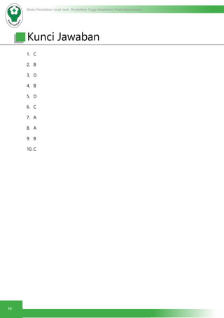 Modul Pendidikan Jarak Jauh, Pendidikan Tinggi Kesehatan Prodi Keperawatan
36
1.	 C
2.	 B
3.	 D
4.	 B
5.	 D
6.	 C
7.	 A
8.	 A
9.	 B
10.	C
	
Kunci Jawaban
 