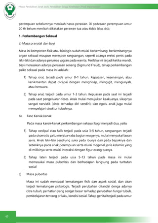 43
Modul Pendidikan Jarak Jauh, Pendidikan Tinggi Kesehatan Prodi Keperawatan
perempuan sebelumnya menikah harus perawan. Di pedesaan perempuan umur
20 th belum menikah dikatakan perawan tua atau tidak laku, dsb.
1. Perkembangan Seksual
a) Masa pranatal dan bayi
Masa ini komponen fisik atau biologis sudah mulai berkembang. berkembangnya
organ seksual maupun merespon rangsangan, seperti adanya ereksi penis pada
laki-laki dan adanya pelumas vagian pada wanita. Perilaku ini terjadi ketika mandi,
bayi merasakan adanya perasaan senang (Sigmund Freud), tahap perkembangan
psiko seksual pada masa ini adalah :
1)	 Tahap oral, terjadi pada umur 0-1 tahun. Kepuasan, kesenangan, atau
kenikmantan dapat dicapai dengan menghisap, mengigit, mengunyah,
atau bersuara.
2)	 Tahap anal, terjadi pada umur 1-3 tahun. Kepuasan pada saat ini terjadi
pada saat pengeluaran feses. Anak mulai menujukan keakuanya, sikapnya
sangat narsistik (cinta terhadap diri sendiri), dan egois, anak juga mulai
mempelajari struktur tubuhnya.
b)      Fase Kanak-kanak
Pada masa kanak-kanak perkembangan seksual bagi menjadi dua, yaitu
1)	 Tahap oedipal atau falik terjadi pada usia 3-5 tahun, rangsangan terjadi
pada otoerotis yaitu meraba-raba bagian erogenya, mulai menyukai lawan
jenis. Anak laki-laki cendrung suka pada ibunya dari pada bapaknya dan
sebaliknya pada anak perempuan serta mulai megenal jenis kelamin yang
di milikinya serta mulai interaksi dengan figur orang tuanya.
2)	 Tahap laten terjadi pada usia 5-13 tahun pada masa ini mulai
memasukai masa puberitas dan berhadapan langsung pada tuntutan
sosial
c)      Masa pubertas
Masa ini sudah mencapai kematangan fisik dan aspek sosial, dan akan
terjadi kematangan psikologis. Terjadi perubahan ditandai denga adanya
citra tubuh, perhatian yang sengat besar terhadap perubahan fungsi tubuh,
pembelajaran tentang prilaku, kondisi sosial. Tahap genital terjadi pada umur
 