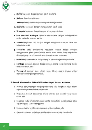 45
Modul Pendidikan Jarak Jauh, Pendidikan Tinggi Kesehatan Prodi Keperawatan
j.	 Zofilia kepuasan dicapai dengan objek binatang
k.	 Sodomi dicapi melalui anus
l.	 Nekropilia kepuasan dengan mengunakan objek mayat
m.	Koprofilai kepuasan dengan menguanakan objek feses
n.	 Urolagnia kepuasan dicapai dengan urine yang diminum
o.	 Oral seks atau kuniligus kepuasan seks dicapai dengan menggunakan
mulut pada alat kelamin wanita
p.	 Felaksio kepuasan seks dicapai dengan menggunakan mulut pada alat
kelamin laki-laki
q.	 Fotorisme atau priksionisme kepuasan seksual dicapai dengan
menggosokan penis pada pantat wanita atau badan yang berpakaian
ditempat yang penuh manusia atau tempat-tempat keramaian
r.	 Gronto kepuasan seksual dicapai dengan berhubungan dengan lansia
s.	 Frottage kepuasan seksual dicapai dengan orang yang disenangi tanpa
diketahui lawan jenis
t.	 Pornografi gambar atau tulisan yang dibuat secara khusus untuk
memberikan rangsangan seksual.
2. Bentuk Abnormalitas Seksual Akibat Dorongan Seksual Abnormal
a.	 Postitusi penyimpangan dengan pola dorong seks yang tidak wajar dalam
kepribadianya seks bersifat impersonal
b.	 Perzinahan bentuk seksualitas antara laki-laki dan wanita yang bukan
suami istri
c.	 Frigiditas yaitu ketidakmampuan wanita mengalami hasrat seksual atau
orgasme pada saat bersenggama
d.	 Impotensi yaitu ketidakmampuan pria untuk relaksasi seks
e.	 Ejakulasi prematur terjadinya pembuangan sperma yang  terlalu dini
 
