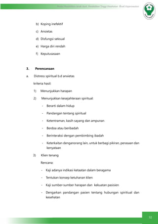 52
Modul Pendidikan Jarak Jauh, Pendidikan Tinggi Kesehatan Prodi Keperawatan
b)	 Koping inefektif
c)	 Ansietas
d)	 Disfungsi seksual
e)	 Harga diri rendah
f)	 Keputusasaan
3.       Perencanaan
a.      Distress spiritual b.d anxietas
kriteria hasil:
1)     Menunjukkan harapan
2)      Menunjukkan kesejahteraan spiritual:
-	 Berarti dalam hidup
-	 Pandangan tentang spiritual
-	 Ketentraman, kasih sayang dan ampunan
-	 Berdoa atau beribadah
-	 Berinteraksi dengan pembimbing ibadah
-	 Keterkaitan denganorang lain, untuk berbagi pikiran, perasaan dan
kenyataan
3)      Klien tenang
 Rencana:
-	 Kaji adanya indikasi ketaatan dalam beragama
-	 Tentukan konsep ketuhanan klien
-	 Kaji sumber-sumber harapan dan  kekuatan pasisien
-	 Dengarkan pandangan pasien tentang hubungan spiritiual dan
kesehatan
 
