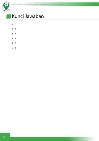 Modul Pendidikan Jarak Jauh, Pendidikan Tinggi Kesehatan Prodi Keperawatan
58
1.	 C
2.	 A
3.	 A
4.	 B
5.	 D
6.	 B
Kunci Jawaban
 
