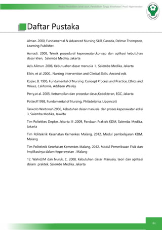 Modul Pendidikan Jarak Jauh, Pendidikan Tinggi Kesehatan Prodi Keperawatan
61
Daftar Pustaka
Alman. 2000, Fundamental & Advanced Nursing Skill ,Canada, Delmar Thompson,
Learning Publisher.
Asmadi. 2008, Teknik prosedural keperawatan,konsep dan aplikasi kebutuhan
dasar klien, Salemba Medika, Jakarta
Azis Alimun .2006, Kebutuahan dasar manusia I , Salemba Medika, Jakarta
Elkin, et al .2000., Nursing Intervention and Clinical Skills, Aecond edt.
Kozier, B. 1995, Fundamental of Nursing: Concept Process and Practice, Ethics and
Values, California, Addison Wesley
Perry,at al. 2005, Ketrampilan dan prosedur dasar,Kedokteran, EGC, Jakarta
Potter,P.1998, Fundamental of Nursing, Philadelphia, Lippincott
Tarwoto Wartonah.2006, Kebutuhan dasar manusia dan proses keperawatan edisi
3, Salemba Medika, Jakarta
Tim Poltekkes Depkes Jakarta III .2009, Panduan Praktek KDM, Salemba Medika,
Jakarta
Tim Politeknik Kesehatan Kemenkes Malang, 2012, Modul pembelajaran KDM,
Malang
Tim Politeknik Kesehatan Kemenkes Malang, 2012, Modul Pemeriksaan Fisik dan
Implikasinya dalam Keperawatan , Malang
12. Wahid,IM dan Nuruk, C. 2008, Kebutuhan dasar Manusia, teori dan aplikasi
dalam praktek, Salemba Medika, Jakarta
 