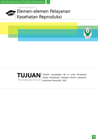 Modul Pendidikan Jarak Jauh, Pendidikan Tinggi Kesehatan
34
Elemen-elemen Pelayanan
Kesehatan Reproduksi
Kegiatan Belajar III
Setelah mempelajari KB ini anda diharapkan
dapat menjelaskan berbagai elemen pelayanan
kesehatan reproduksi (KR).
TUJUAN
Pembelajaran Umum
 