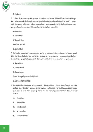 32
Modul Pendidikan Jarak Jauh, Pendidikan Tinggi Kesehatan Prodi Keperawatan
E. hukum
2. Dalam dokumentasi keperawatan data-data harus diidentifikasi secara leng-
kap, jelas, objektif, dan ditandatangani oleh tenaga kesehatan (perawat), tang-
gal, dan perlu dihindari adanya penulisan yang dapat menimbulkan interpretasi
yang salah dengan demikian dokumentasi akan bernilai :
	 A. Hukum
	 B. akreditasi
	 C. Pendidikan
	 D. Komunikasi
	 E. penelitian
3. Pada dokumentasi keperawatan terdapat adanya integrasi dan berbagai aspek
klien tentang kebutuhan terhadap pelayanan keperawatan yang meliputi kebu-
tuhan biologi, psikologi, sosial, dan spiritual,hal ini menunjukan kegunaan :
A. Penelitian
B. Pendidikan
C. Keuangan
D. sarana pelayanan individual
E. Sarana komunikasi
4.	Dengan dokumentasi keperawatan dapat dilihat peran dan fungsi perawat
dalam memberikan asuhan keperawatan ,sehingga menjadi bahan pertimban-
gan dalam kenaikan jenjang karir, hal ini menunjukan manfaat dokumentasi
untuk :
A.	 akreditasi
B.	 penelitian
C.	 pendidikan
D.	 komunikasi
E.	 jaminan mutu
 