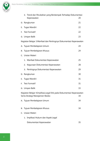 2
Modul Pendidikan Jarak Jauh, Pendidikan Tinggi Kesehatan Prodi Keperawatan
3.	 Trend dan Perubahan yang Berdampak Terhadap Dokumentasi
Keperawatan							20
D.	 Rangkuman 								21
E.	 Tugas Mandiri							22
F.	 Test Formatif								22
G.	 Umpan Balik								23
Kegiatan Belajar 3.Manfaat dan Pentingnya Dokumentasi Keperawatan
A.	 Tujuan Pembelajaran Umum					24
B.	 Tujuan Pembelajaran Khusus					24
C.	 Uraian Materi
1.	 Manfaat Dokumentasi Keperawatan				25
2.	 Kegunaan Dokumentasi Keperawatan				28
3.	 Pentingnya Dokumentasi Keperawatan			 29
D.	 Rangkuman								30
E.	 Tugas Mandiri							31
F.	 Test Formatif								31
G.	 Umpan Balik								33
Kegiatan Belajar 4.Implikasi,Legal Etik pada Dokumentasi Keperawatan
Serta Strategi Manejemen Resiko					34
A.	 Tujuan Pembelajaran Umum					34	
	
B.	 Tujuan Pembelajaran Khusus					34
C.	 Uraian Materi
1.	 Implikasi Hukum dan Aspek Legal
	 Dokumentasi Keperawatan 					35	
							
 