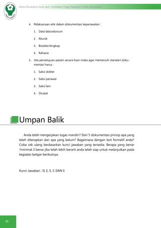 46
Modul Pendidikan Jarak Jauh, Pendidikan Tinggi Kesehatan Prodi Keperawatan
4.	 Pelaksanaan etik dalam dokumentasi keperawatan :
1.	 Data laboratorium
2.	 Akurat
3.	 Biodata lengkap
4.	 Rahasia
5.	 Jika persetujuan pasien secara lisan maka agar memenuhi standart doku-
mentasi harus :
1.	 Saksi dokter
2.	 Saksi perawat
3.	 Saksi lain
4.	 Dicatat
Anda telah mengerjakan tugas mandiri? Dari 5 dokumentasi prinsip apa yang
telah diterapkan dan apa yang belum? Bagaimana dengan test formatif anda?
Coba cek ulang berdasarkan kunci jawaban yang tersedia. Berapa yang benar
?minimal 3 benar jika telah lebih berarti anda telah siap untuk melanjutkan pada
kegiatan belajar berikutnya.
Kunci Jawaban : D, E, E, C DAN E
Umpan Balik
 