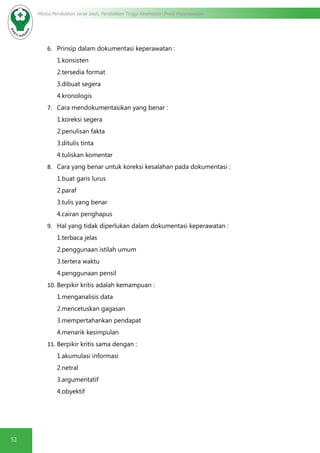 52
Modul Pendidikan Jarak Jauh, Pendidikan Tinggi Kesehatan Prodi Keperawatan
6.	 Prinsip dalam dokumentasi keperawatan :
1.konsisten
2.tersedia format
3.dibuat segera
4.kronologis
7.	 Cara mendokumentasikan yang benar :
1.koreksi segera
2.penulisan fakta
3.ditulis tinta
4.tuliskan komentar
8.	 Cara yang benar untuk koreksi kesalahan pada dokumentasi :
1.buat garis lurus
2.paraf
3.tulis yang benar
4.cairan penghapus
9.	 Hal yang tidak diperlukan dalam dokumentasi keperawatan :
1.terbaca jelas
2.penggunaan istilah umum
3.tertera waktu
4.penggunaan pensil
10.	Berpikir kritis adalah kemampuan :
1.menganalisis data
2.mencetuskan gagasan
3.mempertahankan pendapat
4.menarik kesimpulan
11.	Berpikir kritis sama dengan :
1.akumulasi informasi
2.netral
3.argumentatif
4.obyektif
 