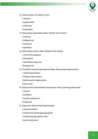53
Modul Pendidikan Jarak Jauh, Pendidikan Tinggi Kesehatan Prodi Keperawatan
12.	Keterampilan inti berpikir kritis :
1.analysis
2.explaniation
3.inference
4.evaluation
13.	Pada tahap interpretasi dalam berpikir kritis terjadi :
1.evaluasi
2.kategorisasi
3.inference
4.klarifikasi
14.	Pada tahap analisis dalam berpikir kritis terjadi :
1.memeriksa gagasan
2.penjelasan
3.identifikasi argumen
4.kategorisasi
15.	Perubahan yang berdampak terhadap dokumentasi keperawatan :
1.raktik keperawatan
2.lingkup keperawatan
3.keterampilan keperawatan
4.konsumen
16.	Dokumentasi keperawatan mempunyai makna penting pada aspek :
1.hukum
2.publikasi
3.kualitas pelayanan
4.integritas
17.	Kegunaan dokumentasi keperawatan :
1.alat komunikasi
2.mekanisme pertanggunggugatan
3.metode pengumpulan data
4.sarana kerjasana
 
