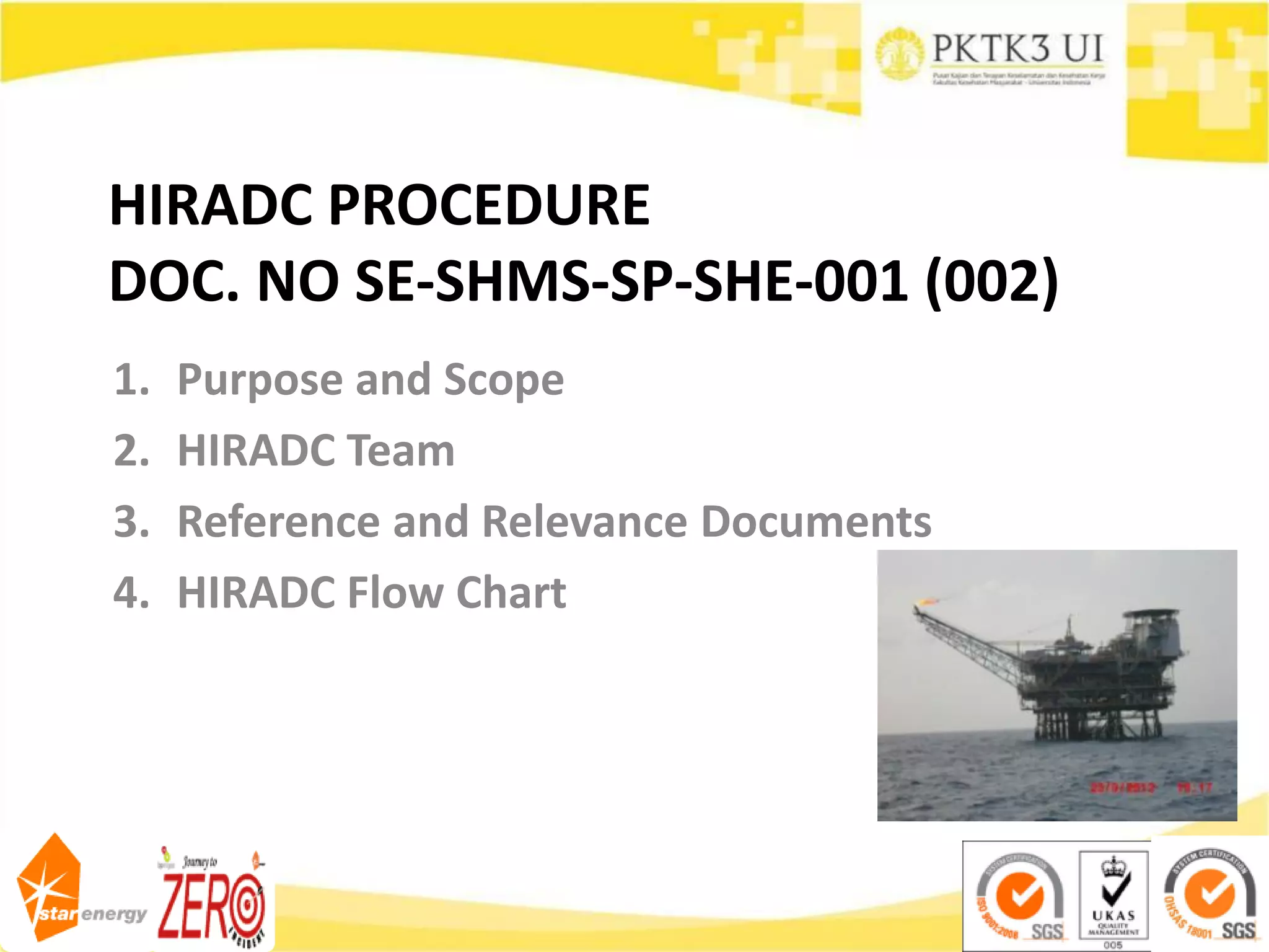 HIRADC PROCEDURE
DOC. NO SE-SHMS-SP-SHE-001 (002)
1. Purpose and Scope
2. HIRADC Team
3. Reference and Relevance Documents
4. HIRADC Flow Chart
 