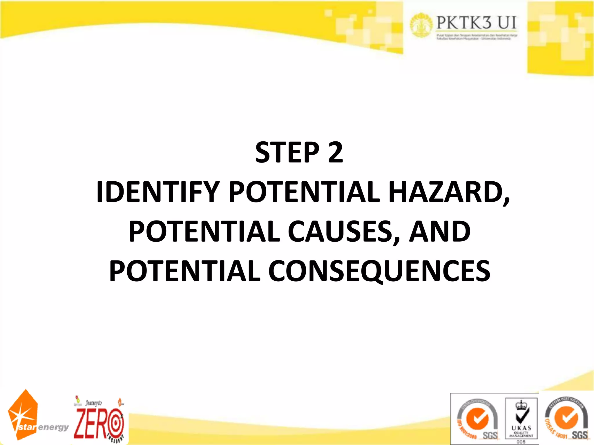 STEP 2
IDENTIFY POTENTIAL HAZARD,
POTENTIAL CAUSES, AND
POTENTIAL CONSEQUENCES
 