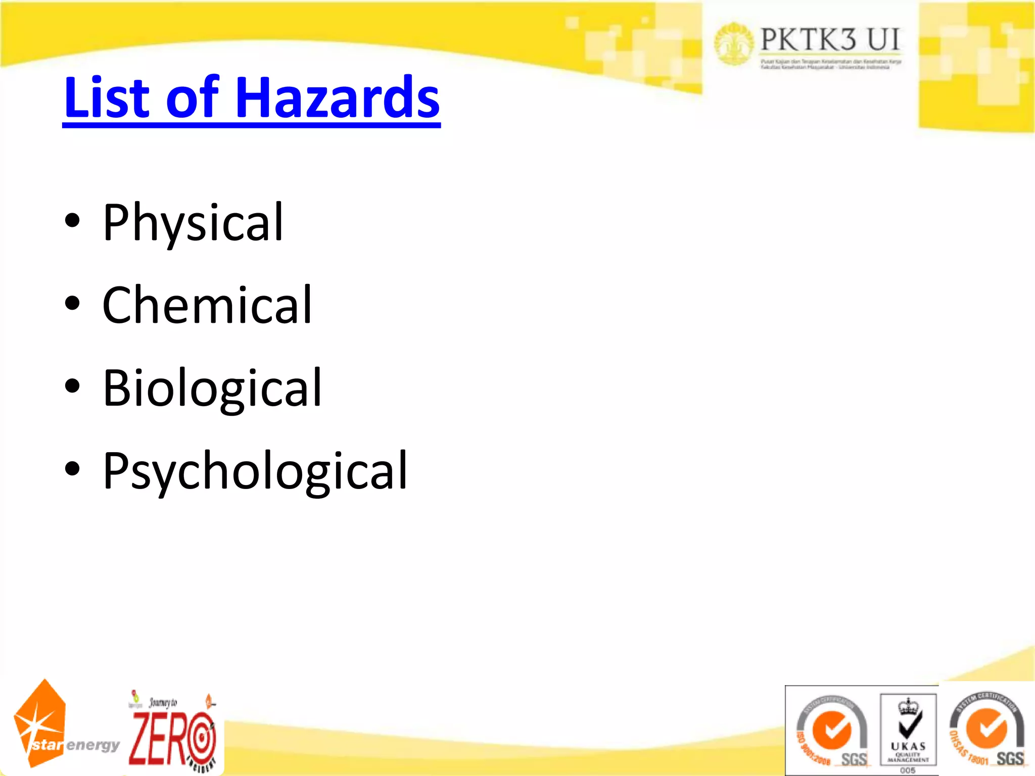 List of Hazards
• Physical
• Chemical
• Biological
• Psychological
 