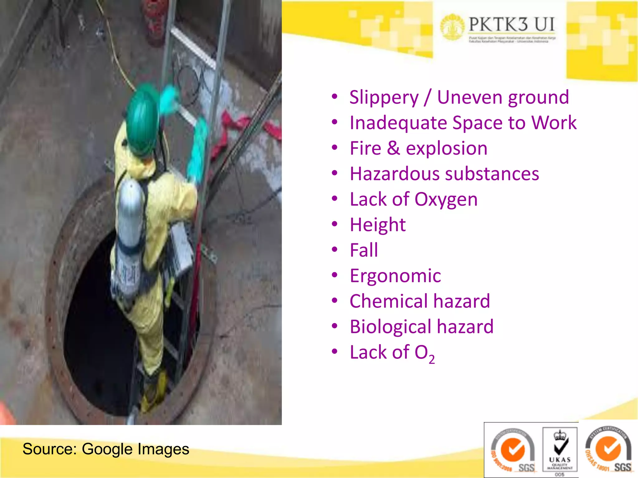 • Slippery / Uneven ground
• Inadequate Space to Work
• Fire & explosion
• Hazardous substances
• Lack of Oxygen
• Height
• Fall
• Ergonomic
• Chemical hazard
• Biological hazard
• Lack of O2
Source: Google Images
 