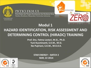 Modul 1
HAZARD IDENTIFICATION, RISK ASSESSMENT AND
DETERMINING CONTROL (HIRADC) TRAINING
Prof. Dra. Fatma Lestari, M.Si., Ph.D.
Yuni Kusminanti, S.K.M., M.Si.
Ike Pujiriani, S.K.M., M.K.K.K.
STAR ENERGY – BATCH 2
MAY, 22 2014
 