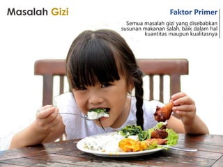 Masalah Gizi Faktor Primer
Semua masalah gizi yang disebabkan
susunan makanan salah, baik dalam hal
kuantitas maupun kualitasnya
 