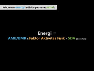 Kebutuhan energi individu pada saat sehat:
Energi =
AMB/BMR x Faktor Aktivitas Fisik x SDA (diabaikan)
 