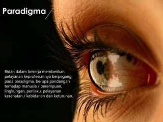 Paradigma
Bidan dalam bekerja memberikan
pelayanan keprofesiannya berpegang
pada paradigma, berupa pandangan
terhadap manusia / perempuan,
lingkungan, perilaku, pelayanan
kesehatan / kebidanan dan keturunan.