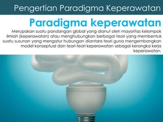 Pengertian Paradigma Keperawatan
Paradigma keperawatan
Merupakan suatu pandangan global yang dianut oleh mayoritas kelompok
ilmiah (keperawatan) atau menghubungkan berbagai teori yang membentuk
suatu susunan yang mengatur hubungan diantara teori guna mengembangkan
model konseptual dan teori-teori keperawatan sebagai kerangka kerja
keperawatan.
 