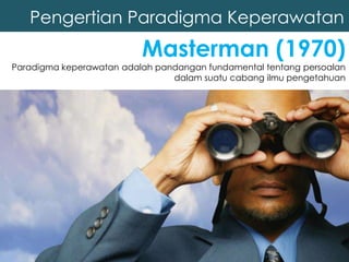 Pengertian Paradigma Keperawatan
Masterman (1970)
Paradigma keperawatan adalah pandangan fundamental tentang persoalan
dalam suatu cabang ilmu pengetahuan
 