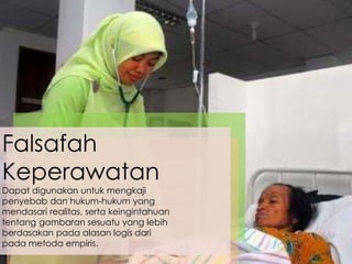Falsafah
Keperawatan
Dapat digunakan untuk mengkaji
penyebab dan hukum-hukum yang
mendasari realitas, serta keingintahuan
tentang gambaran sesuatu yang lebih
berdasakan pada alasan logis dari
pada metoda empiris.
 