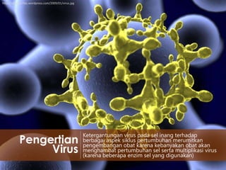 http://ehtrem.files.wordpress.com/2009/01/virus.jpg

Pengertian
Virus

Ketergantungan virus pada sel inang terhadap
berbagai aspek siklus pertumbuhan merumitkan
pengembangan obat karena kebanyakan obat akan
menghambat pertumbuhan sel serta multiplikasi virus
(karena beberapa enzim sel yang digunakan)

 