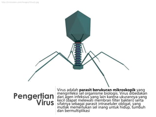 Pengertian
Virus
Virus adalah parasit berukuran mikroskopik yang
menginfeksi sel organisme biologis. Virus dibedakan
dari agen infeksius yang lain karena ukurannya yang
kecil (dapat melewati membran filter bakteri) serta
sifatnya sebagai parasit intraseluler obligat, yang
mutlak memerlukan sel inang untuk hidup, tumbuh
dan bermultiplikasi
http://cronodon.com/images/Virus3.jpg
 