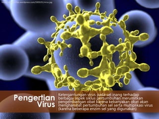 Pengertian
Virus
Ketergantungan virus pada sel inang terhadap
berbagai aspek siklus pertumbuhan merumitkan
pengembangan obat karena kebanyakan obat akan
menghambat pertumbuhan sel serta multiplikasi virus
(karena beberapa enzim sel yang digunakan)
http://ehtrem.files.wordpress.com/2009/01/virus.jpg
 
