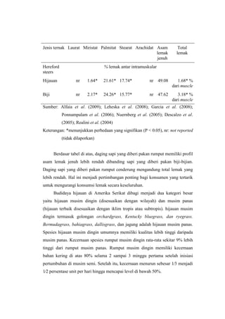 Jenis ternak Laurat Miristat Palmitat Stearat Arachidat Asam
lemak
jenuh
Total
lemak
Hereford
steers
% lemak antar intramuskular
Hijauan nr 1.64* 21.61* 17.74* nr 49.08 1.68* %
dari muscle
Biji nr 2.17* 24.26* 15.77* nr 47.62 3.18* %
dari muscle
Sumber: Alfaia et al. (2009); Leheska et al. (2008); Garcia et al. (2008);
Ponnampalam et al. (2006); Nuernberg et al. (2005); Descalzo et al.
(2005); Realini et al. (2004)
Keterangan: *menunjukkan perbedaan yang signifikan (P < 0.05), nr: not reported
(tidak dilaporkan)
Berdasar tabel di atas, daging sapi yang diberi pakan rumput memiliki profil
asam lemak jenuh lebih rendah dibanding sapi yang diberi pakan biji-bijian.
Daging sapi yang diberi pakan rumput cenderung mengandung total lemak yang
lebih rendah. Hal ini menjadi pertimbangan penting bagi konsumen yang tertarik
untuk mengurangi konsumsi lemak secara keseluruhan.
Budidaya hijauan di Amerika Serikat dibagi menjadi dua kategori besar
yaitu hijauan musim dingin (disesuaikan dengan wilayah) dan musim panas
(hijauan terbaik disesuaikan dengan iklim tropis atau subtropis). hijauan musim
dingin termasuk golongan orchardgrass, Kentucky bluegrass, dan ryegrass.
Bermudagrass, bahiagrass, dallisgrass, dan jagung adalah hijauan musim panas.
Spesies hijauan musim dingin umumnya memiliki kualitas lebih tinggi daripada
musim panas. Kecernaan spesies rumput musim dingin rata-rata sekitar 9% lebih
tinggi dari rumput musim panas. Rumput musim dingin memiliki kecernaan
bahan kering di atas 80% selama 2 sampai 3 minggu pertama setelah inisiasi
pertumbuhan di musim semi. Setelah itu, kecernaan menurun sebesar 1⁄3 menjadi
1⁄2 persentase unit per hari hingga mencapai level di bawah 50%.
 