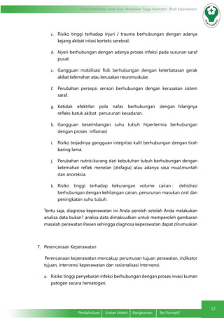 Modul Pendidikan Jarak Jauh, Pendidikan Tinggi Kesehatan Prodi Keperawatan
12
Pendahuluan	 Uraian Materi	 Rangkuman	 Tes Formatif
c.	 Risiko tinggi terhadap injuri / trauma berhubungan dengan adanya
kejang akibat iritasi korteks serebral.
d.	 Nyeri berhubungan dengan adanya proses infeksi pada susunan saraf
pusat.
e.	 Gangguan mobilisasi fisik berhubungan dengan keterbatasan gerak
akibat kelemahan atau kerusakan neuromuskular.
f.	 Perubahan persepsi sensori berhubungan dengan kerusakan sistem
saraf.
g.	 Ketidak efektifan pola nafas berhubungan dengan hilangnya
refleks batuk akibat penurunan kesadaran.
h.	 Gangguan keseimbangan suhu tubuh hipertermia berhubungan
dengan proses inflamasi
i.	 Risiko terjadinya gangguan integritas kulit berhubungan dengan tirah
baring lama.
j.	 Perubahan nutrisi:kurang dari kebutuhan tubuh berhubungan dengan
kelemahan reflek menelan (disfagia) atau adanya rasa rnual,muntah
dan anoreksia.
k.	 Risiko tinggi terhadap kekurangan volume cairan : dehidrasi
berhubungan dengan kehilangan cairan, penurunan masukan oral dan
peningkatan suhu tubuh.
Tentu saja, diagnosa keperawatan ini Anda peroleh setelah Anda melakukan
analisa data bukan? analisa data dimaksudkan untuk memperoleh gambaran
masalah perawatan Pasien sehingga diagnosa keperawatan dapat dirumuskan
7.	 Perencanaan Keperawatan
Perencanaan keperawatan mencakup perumusan tujuan perawatan, indikator
tujuan, intervensi keperawatan dan rasionalisasi intervensi.
a.	 Risiko tinggi penyebaran infeksi berhubungan dengan proses invasi kuman
patogen secara hematogen.
 