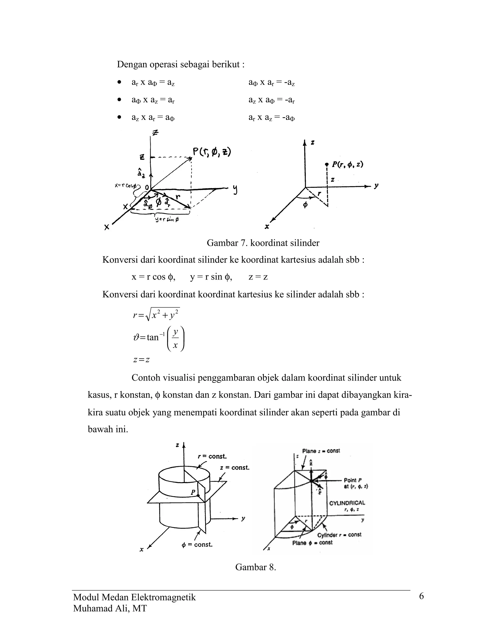 Dengan operasi sebagai berikut :
          •     ar x a = az                        a x ar = -az
          •     a x az = ar                        az x a = -ar
          •     az x ar = a                        ar x az = -a




                                      Gambar 7. koordinat silinder
      Konversi dari koordinat silinder ke koordinat kartesius adalah sbb :
                x = r cos φ,      y = r sin φ,     z=z
      Konversi dari koordinat koordinat kartesius ke silinder adalah sbb :

                r = x2 + y2
                            y
                ϑ = tan −1  
                           x
                z=z
                Contoh visualisi penggambaran objek dalam koordinat silinder untuk
   kasus, r konstan, φ konstan dan z konstan. Dari gambar ini dapat dibayangkan kira-
   kira suatu objek yang menempati koordinat silinder akan seperti pada gambar di
   bawah ini.




                                                 Gambar 8.


Modul Medan Elektromagnetik                                                             6
Muhamad Ali, MT
 