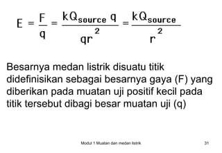 Besarnya medan listrik disuatu titik
didefinisikan sebagai besarnya gaya (F) yang
diberikan pada muatan uji positif kecil pada
titik tersebut dibagi besar muatan uji (q)


               Modul 1 Muatan dan medan listrik   31
 