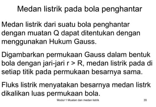 Medan listrik pada bola penghantar
Medan listrik dari suatu bola penghantar
dengan muatan Q dapat ditentukan dengan
menggunakan Hukum Gauss.
Digambarkan permukaan Gauss dalam bentuk
bola dengan jari-jari r > R, medan listrik pada di
setiap titik pada permukaan besarnya sama.
Fluks listrik menyatakan besarnya medan listrk
dikalikan luas permukaan bola.
                  Modul 1 Muatan dan medan listrik   35
 