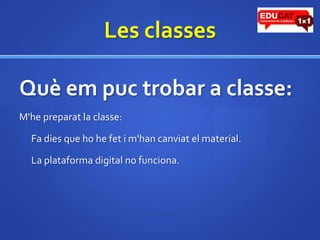 Les classesQuèempuctrobar a classe:M'hepreparat la classe:	Fa dies que ho he fet i m'hancanviat el material.	La plataforma digital no funciona.