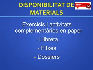 CarpetesperàreesDISPONIBILITAT DE MATERIALSExercicisiactivitatscomplementàries en paperLlibreta