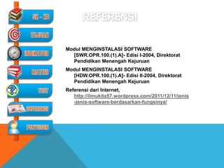 Modul MENGINSTALASI SOFTWARE
  [SWR.OPR.100.(1).A]- Edisi I-2004, Direktorat
  Pendidikan Menengah Kejuruan
Modul MENGINSTALASI SOFTWARE
  [HDW.OPR.100.(1).A]- Edisi II-2004, Direktorat
  Pendidikan Menengah Kejuruan
Referensi dari Internet,
   http://ilmukita57.wordpress.com/2011/12/11/jenis
   -jenis-software-berdasarkan-fungsinya/
 