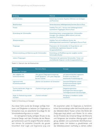 Schnittstellengestaltung und Akzeptanzanalyse

7

Erhebung

Methode

Leitbild-Analyse

Evaluierung normativer Aspekte, Definition von Strategien
und Positionen

Bedarfsanalyse

Semistrukturiertes, leitfadengestütztes Interview (Face-to-Face)

Pretest

Usability-Test und 1. Version eines leitfadengestützten
quantitativen Fragebogens (Face-to-Face)

Entwicklung der Schnittstellen

Entwicklung zweier computergestützter SchnittstellenLösungen: eine anfassbare (Bilderrahmen) und eine
natürliche (Touchpad)

Akzeptanzanalyse

Usability-Test und modifizierte Version des
leitfadengestützten quantitativen Fragebogens (Face-to-Face)

Testgruppe

Präsentation der Schnittstellen mit Ausprobieren und
anschließendes angeleitetes Gespräch mit den
Gruppenteilnehmern

Weiterentwicklung und Optimierung der Schnittstellen

Entwicklung und Modifizierung einer tangiblen textilen
Schnittstelle (Decke)

weitere Testgruppen

Präsentation der optimierten Schnittstellen, Testen und
anschließendes Gespräch mit den Gruppenteilnehmern

Tabelle 3.1: Übersicht über die Arbeitsschritte
Defizite

Normative Ebene

Strategie

eher aufgaben- als
funktionsorientiert

„Eine genaue Zielgruppenorientierung
schafft Akzeptanz.“ und „Jede Zielgruppe
hat ihre Technik.“

auf Lebenswirklichkeit angepasste
Produkte auch abseits von
bestehenden Produktkategorien

stigmatisierende
Krankenhausästhetik

„Stärken sind attraktiver als Schwächen.“

Interessen/Fähigkeiten stützen
Kompensationsanteile (eigene
Ressourcen stärken)

Technik überfordert; Angst vor
Kontrollverlust

„Technik wird gern genutzt.“

Fähigkeiten/gewohnte
Nutzungsmuster/übersprungene
Technikgenerationen berücksichtigen

Angst vor Reduzierung sozialer
Kontakte

„Technik verbindet.“

Anregung zu mittelbarer sozialer
Interaktion

bestehender Lösungen

Tabelle 3.2: Entwicklung von Strategien

Aus dieser Sicht wurde die Strategie verfolgt, Interessen und Fähigkeiten zu betonen (im Gegensatz zu
Schwächen) bzw. als wesentliche Grundlage für die
Schnittstellenkonfiguration zu nutzen.
Ein dahingehend häufig verfolgter Ansatz ist das
Universal Design, nach dem Produkte, die bei Älteren
gut funktionieren, auch für jüngere Menschen attraktiv
sein können. So entstehen Entwürfe, die gerade
hinsichtlich ihrer Logik und Ergonomie Jung und

Alt ansprechen sollen. Im Gegensatz zu herkömmlichem Seniorendesign sollen die Entwürfe positiv auf
das Selbstbild älterer Nutzer wirken. Die Breite der
Zielgruppe birgt jedoch auch Risiken. So ist unklar,
ob die Produkte des Universal Design die Wünsche
und Fähigkeiten der einzelnen Altersgruppen scharf
genug abbilden und ausreichende Identifikationsangebote bieten. Um letztere zu gewährleisten und
das Selbstbewusstsein nachhaltig zu stärken, sollten

 