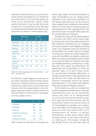 Schnittstellengestaltung und Akzeptanzanalyse

29

tatsächlicher Anforderung. Als gut wurde die Handlichkeit beurteilt, überwiegend gut die Nützlichkeit.
Der soziale Einfluss in Form der Unterstützung der
Familie und die erleichternden Faktoren wurden
ebenfalls mehrheitlich als gut beurteilt. Wie bereits
im Abschnitt 3.5.3.2 beschrieben sind die Meinungen
zur Nutzungsbereitschaft geteilt. Dies bildet auch der
Gesamtwert ab, welcher im mittleren Bereich liegt.
	
  
Bilderrahmen

Touchpad

M

SD

n

M

SD

n

Nützlichkeit

2.53

1.28

30

2.44

1.20

26

Handlichkeit

2.07

0.59

30

1.90

0.70

26

Bedienung

1.42

0.53

30

1.62

0.59

26

tatsächliche
Anforderung

1.49

0.93

30

1.53

0.84

26

sozialer
Einfluss

2.60

1.45

30

2.60

1.58

25

erleichternde
Faktoren

3.12

1.87

30

2.52

1.85

26

Nutzungsbe
reitschaft

3.48

1.34

30

3.07

1.45

26

	
  

Tabelle 3.13: mittlere Ausprägungen der Konstrukte (Skala: 1 – „sehr“
bis 5 – „überhaupt nicht“)

Mit Hilfe einer multiplen Regression wurden die von
der UTAUT postulierten Zusammenhänge zwischen
Nützlichkeit, Handlichkeit, Bedienung, tatsächlicher
Anforderung, sozialem Einfluss sowie erleichternden
Faktoren mit der Nutzungsbereitschaft in der vorliegenden Stichprobe analysiert. Insgesamt konnten mit
Hilfe des Modells 61 % der Varianz der Nutzungsbereitschaft aufgeklärt werden.
UV

β

p

Nützlichkeit

.395

.002

Handlichkeit

.082

.413

Bedienung

–.041

.687

tatsächliche Anforderung

.135

.211

sozialer Einfluss

.420

<.001

erleichternde Faktoren

–.001

.996

	
  

Tabelle 3.14: Ergebnisse der multiplen Regression für Nutzungsbereitschaft.

Jedoch trugen lediglich zwei Konstrukte signifikant zu
dieser Varianzaufklärung bei: die wahrgenommene
Nützlichkeit und der soziale Einfluss (vgl. Tabelle 3.14).
Die Regressionsgewichte weisen darauf hin, dass bei
höher wahrgenommener Nützlichkeit und bei stärkerem
Glauben, die Familie fände die Techniknutzung gut, die
Nutzungsbereitschaft höher ausgeprägt ist. Der wahrgenommene Nutzen und soziale Einflüsse spielen also
eine wichtige Rolle bei den Befragten.
Venkatesh, Morris, Davis und Davis (2003) postulieren
in ihrer Version der UTAUT, dass der Einfluss einiger
der Komponenten auf die Nutzungsbereitschaft durch
Alter, Geschlecht, Technikerfahrung und Freiwilligkeit
der Nutzung moderiert wird. Freiwilligkeit der Nutzung
wurde in der vorliegenden Studie nicht betrachtet, da
die Schnittstellen noch auf dem Stand von Prototypen
sind. Anhand von moderierten multiplen Regressionen
wurden der Haupteffekt sowie mögliche moderierende
Effekte der weiteren Einflussgrößen getestet. Darüber
hinaus wurden die Effekte von Indikatoren des Grades
der Mobilitätseinschränkung (Verwendung von Gehhilfen oder nicht), anderen Gesundheitswerten (FIM,
Barthel-Index), der Kontakthäufigkeit zur Familie, der
Lebensform (allein vs. mit einem Partner) und der
Art der betrachteten Schnittstelle (Bilderrahmen vs.
Touchpad) überprüft. Bei der Zielgruppenbestimmung
(vgl. Abschnitt 3.3.2.1) hatten sich diese Kriterien als
bedeutsam herausgestellt. Aufgrund der geringen
Stichprobengröße (n = 56) wurde für jeden möglichen
Moderator eine getrennte Regression gerechnet.
Die Technikerfahrung spielt eine wichtige Rolle
für die Nutzungsbereitschaft. Bei Personen mit geringer
Technikerfahrung wirken sich die erleichternden
Faktoren stark positiv auf die Nutzungsintention
aus, bei Personen mit hoher Technikerfahrung sogar
leicht negativ. Bei hohem Technikinteresse haben die
erleichternden Faktoren einen positiven Einfluss auf
die Nutzungsabsicht, bei geringem einen negativen,
ähnlich dem Effekt der Technikerfahrung. Der soziale
Einfluss hat immer einen positiven Effekt auf die
Nutzungsintention, bei Personen mit geringem
Technikinteresse ist dieser jedoch deutlich stärker.
Bei diesen Personen ist eine soziale Unterstützung
zur Einführung der AAL-Lösungen wichtiger. Bei
den befragten Personen, die allein leben, haben die

 
