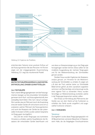 30

Nützlichkeit

ß = .40**

Handlichkeit
Nutzungsbereitschaft
(R2 = .61)

Bedienung
tatsächliche
Anforderung

Verhalten

ß = .42**

sozialer
Einfluss
erleichternde
Faktoren
Technikerfahrung

Technikinteresse

Lebensform

Abbildung 3.21: Ergebnisse des Modelltests

erleichternden Faktoren einen positiven Einfluss auf
die Nutzungsintention. Bei den Personen mit Partner
zeigte sich der entgegengesetzte Zusammenhang.
Abbildung 3.21 zeigt das resultierende Modell.

3.6
erstes Testgruppengespräch und Weiterentwicklung zweier Schnittstellen
3.6.1 Testgruppe
Nach unseren Befragungsergebnissen wird die Nutzungsintention bezogen auf die entwickelten Schnittstellen,
gemessen durch Kauf- und Nutzungsbereitschaft, eher
zwiespältig beschrieben. Dies kann darauf zurückgeführt werden, dass ein Mehrwert durch die Anwendung
eines der beiden Geräte oft nicht erkannt wird. Um zu
analysieren, welcher Mehrwert die Nutzungsintention
und somit die Akzeptanz der Geräte bei den potenziellen Endnutzern erhöht, wurden weitere Gespräche
mit Testgruppen durchgeführt.
Das Ziel der ersten Testgruppe war, konkretere
Hinweise zu erhalten, welche Hauptfaktoren die Akzeptanz der entwickelten Geräte beeinflussen und

wie diese zur Akzeptanzsteigerung an die Zielgruppe
herangetragen werden können. Diese sollten für die
inhaltliche Ausgestaltung der nächsten Testgruppen
und für die Weiterentwicklung der Schnittstellen
genutzt werden.
Darüber hinaus wurden Ergebnisse der Akzeptanzanalyse genutzt, um Hinweise für die Weiterentwicklung der Schnittstellen zu erhalten. Es zeigte sich
z. B. dass der Tisch, welcher bisher zur Schnittstelle
Bilderrahmen gehört, als eher unpraktisch angesehen
wird, da er viel Platz benötigt und es bevorzugt wurde,
einen eigenen Tisch zu verwenden. Hierzu wurden
Vorschläge zur Weiterentwicklung erarbeitet, welche
in der Testgruppe besprochen werden sollten.
Der Ansatz zur Vermittlung des Mehrwertes der
Geräte war, von dem Gerät auf die Funktionen zu
schließen: das Gerät wurde vorgeführt und ausgewählte Funktionen erläutert.
3.6.1.1 Vorgehen
Teilnehmer
Durchgeführt wurde dieses Testgruppengespräch mit
20 Bewohnerinnen und einem Bewohner im Diakoniewerk Halle, die die festgelegten Einschlusskriterien

 