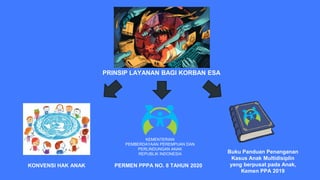 KONVENSI HAK ANAK PERMEN PPPA NO. 8 TAHUN 2020
Buku Panduan Penanganan
Kasus Anak Multidisiplin
yang berpusat pada Anak,
Kemen PPA 2019
PRINSIP LAYANAN BAGI KORBAN ESA
KEMENTERIAN
PEMBERDAYAAN PEREMPUAN DAN
PERLINDUNGAN ANAK
REPUBLIK INDONESIA
 