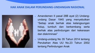 HAK ANAK DALAM PERUNDANG-UNDANGAN NASIONAL
● Amandemen II pasal 28B ayat (2) Undang-
undang Dasar 1945 yang menyebutkan
“Setiap anak berhak atas kelangsungan
hidup, tumbuh dan berkembang serta
berhak atas perlindungan dari kekerasan
dan diskriminasi”
● Undang-undang No 35 Tahun 2014 tentang
Perubahan Atas UU No.23 Tahun 2002
tentang Perlindungan Anak
 