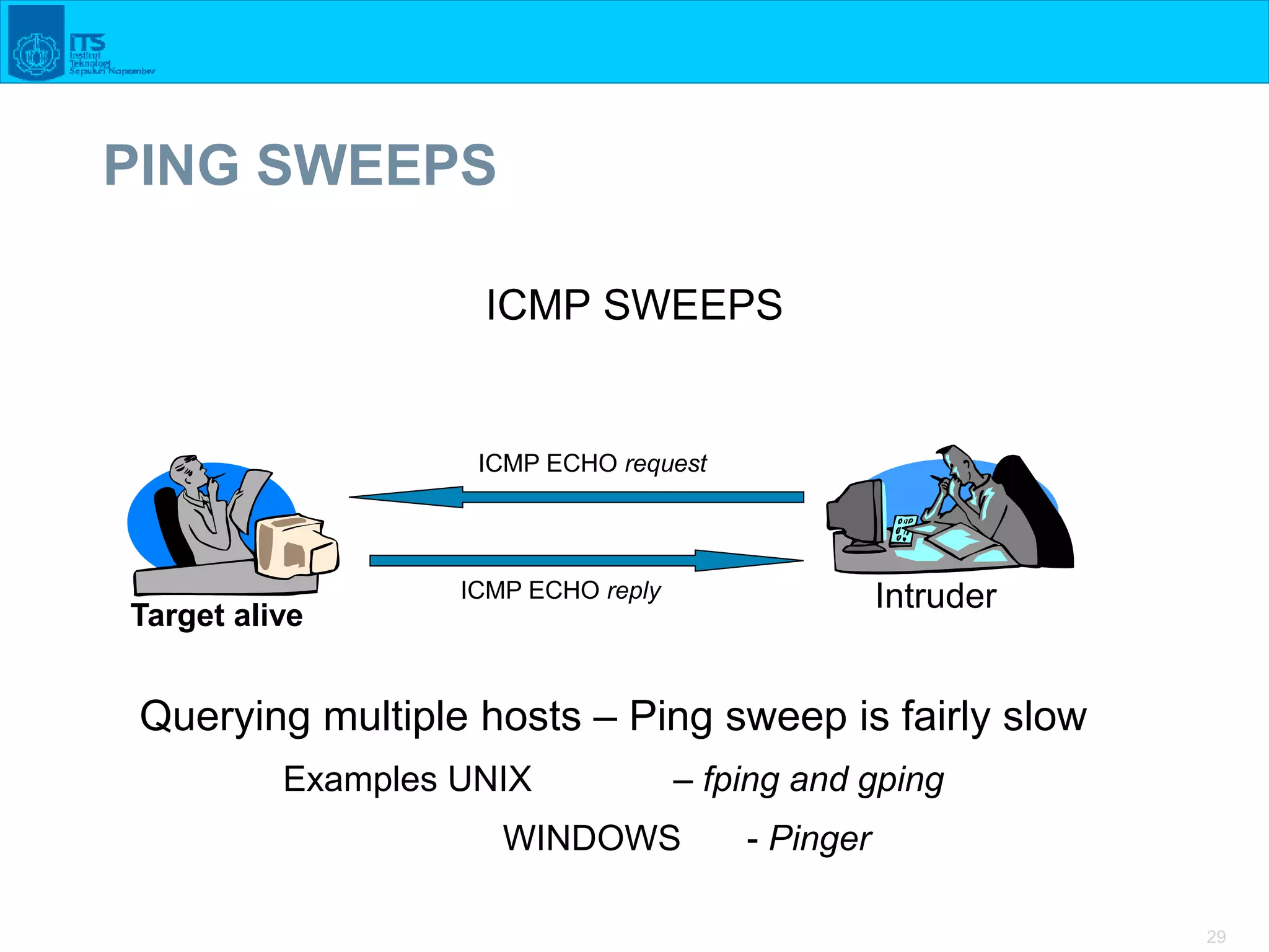 29
PING SWEEPS
ICMP SWEEPS
ICMP ECHO request
ICMP ECHO reply
Target alive
Intruder
Querying multiple hosts – Ping sweep is fairly slow
Examples UNIX – fping and gping
WINDOWS - Pinger
 