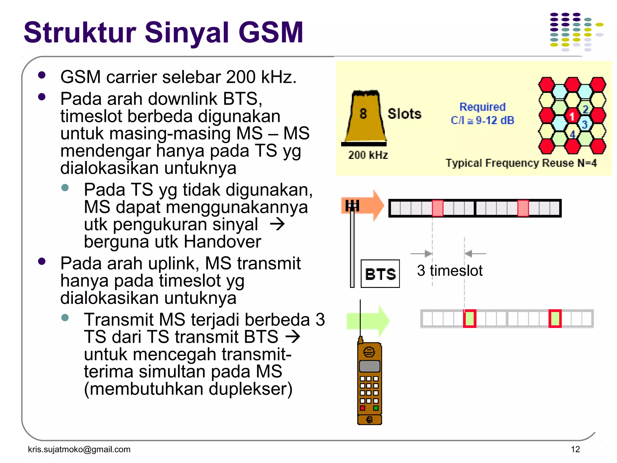 kris.sujatmoko@gmail.com 12
Struktur Sinyal GSM
 GSM carrier selebar 200 kHz.
 Pada arah downlink BTS,
timeslot berbeda digunakan
untuk masing-masing MS – MS
mendengar hanya pada TS yg
dialokasikan untuknya
 Pada TS yg tidak digunakan,
MS dapat menggunakannya
utk pengukuran sinyal 
berguna utk Handover
 Pada arah uplink, MS transmit
hanya pada timeslot yg
dialokasikan untuknya
 Transmit MS terjadi berbeda 3
TS dari TS transmit BTS 
untuk mencegah transmit-
terima simultan pada MS
(membutuhkan duplekser)
3 timeslot
 