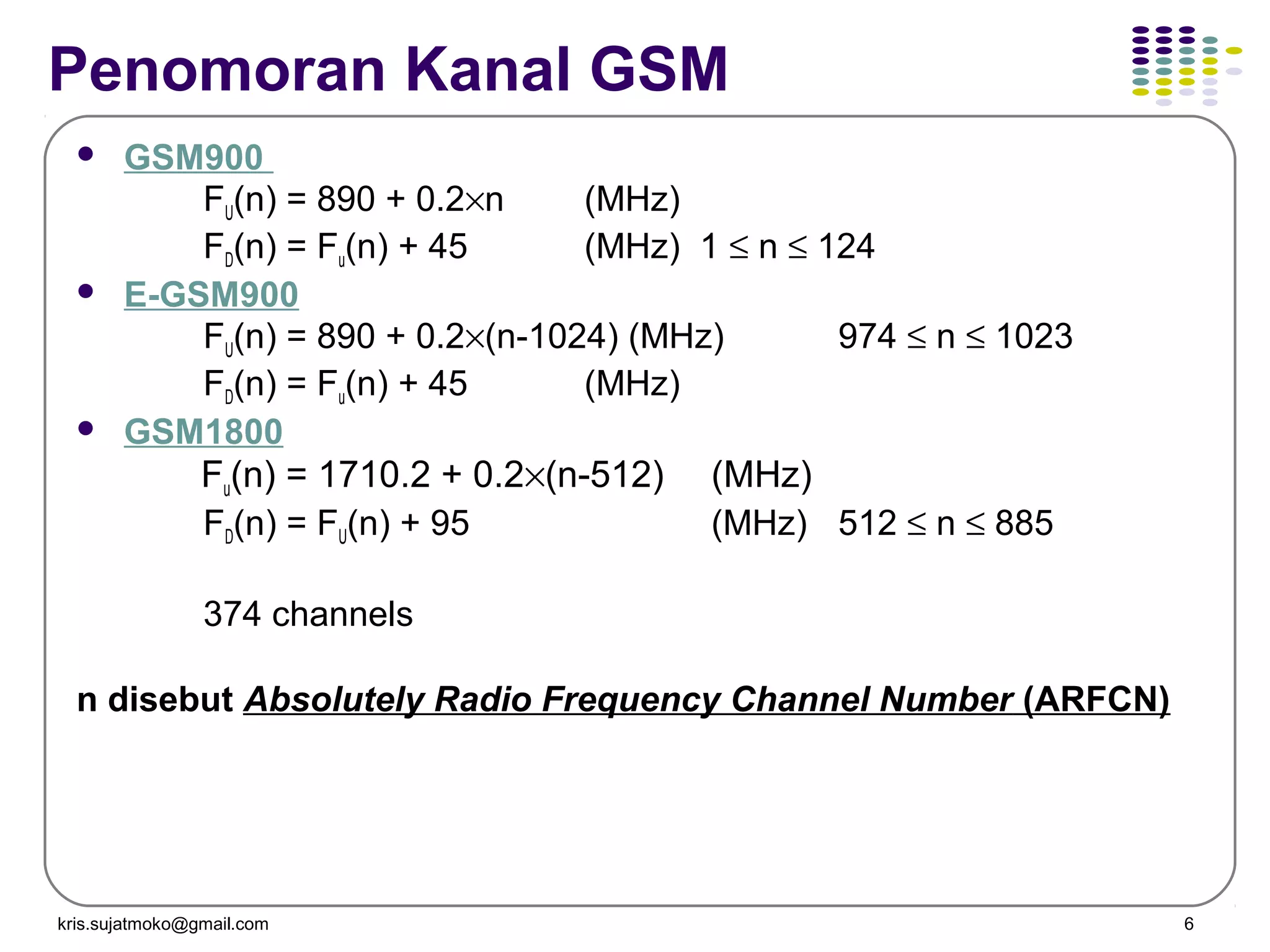 kris.sujatmoko@gmail.com 6
Penomoran Kanal GSM
 GSM900
FU(n) = 890 + 0.2×n (MHz)
FD(n) = Fu(n) + 45 (MHz) 1 ≤ n ≤ 124
 E-GSM900
FU(n) = 890 + 0.2×(n-1024) (MHz) 974 ≤ n ≤ 1023
FD(n) = Fu(n) + 45 (MHz)
 GSM1800
Fu(n) = 1710.2 + 0.2×(n-512) (MHz)
FD(n) = FU(n) + 95 (MHz) 512 ≤ n ≤ 885
374 channels
n disebut Absolutely Radio Frequency Channel Number (ARFCN)
 