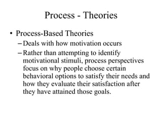 Process - Theories
• Process-Based Theories
–Deals with how motivation occurs
–Rather than attempting to identify
motivational stimuli, process perspectives
focus on why people choose certain
behavioral options to satisfy their needs and
how they evaluate their satisfaction after
they have attained those goals.
 