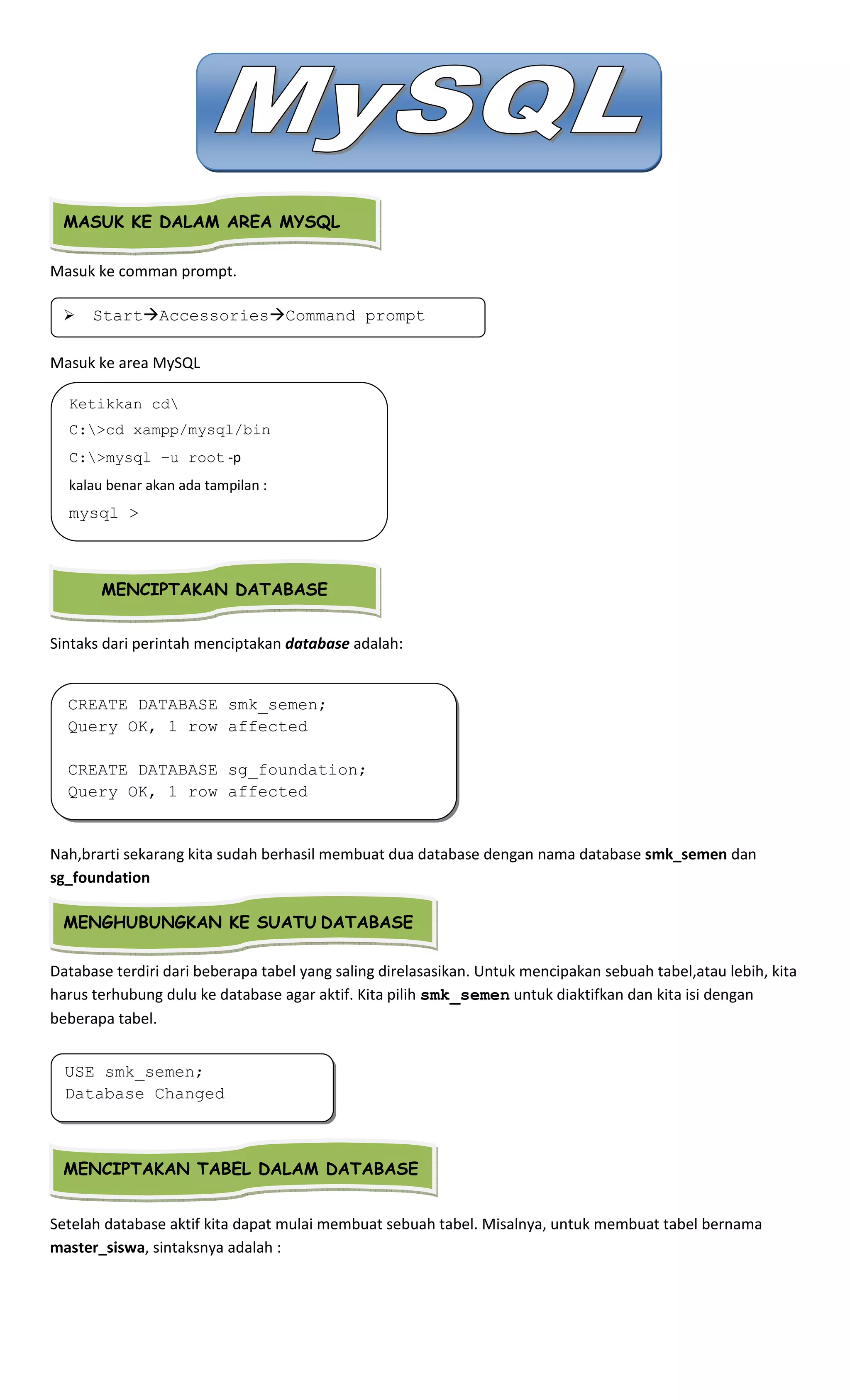Masuk ke comman prompt.
Masuk ke area MySQL
Sintaks dari perintah menciptakan database adalah:
Nah,brarti sekarang kita sudah berhasil membuat dua database dengan nama database smk_semen dan
sg_foundation
Database terdiri dari beberapa tabel yang saling direlasasikan. Untuk mencipakan sebuah tabel,atau lebih, kita
harus terhubung dulu ke database agar aktif. Kita pilih smk_semen untuk diaktifkan dan kita isi dengan
beberapa tabel.
Setelah database aktif kita dapat mulai membuat sebuah tabel. Misalnya, untuk membuat tabel bernama
master_siswa, sintaksnya adalah :
CREATE DATABASE smk_semen;
Query OK, 1 row affected
CREATE DATABASE sg_foundation;
Query OK, 1 row affected
MENGHUBUNGKAN KE SUATU DATABASE
USE smk_semen;
Database Changed
MENCIPTAKAN TABEL DALAM DATABASE
MENCIPTAKAN DATABASE
MASUK KE DALAM AREA MYSQL
Ketikkan cd
C:>cd xampp/mysql/bin
C:>mysql –u root -p
kalau benar akan ada tampilan :
mysql >
Start Accessories Command prompt
 