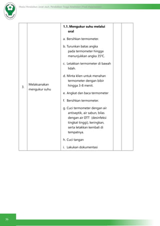 36
Modul Pendidikan Jarak Jauh, Pendidikan Tinggi Kesehatan Prodi Keperawatan
3.
Melaksanakan
mengukur suhu
1.1.	Mengukur suhu melalui
oral
a.	Bersihkan termometer.
b.	Turunkan batas angka
pada termometer hingga
menunjukkan angka 350
C.
c.	 Letakkan termometer di bawah
lidah.
d.	Minta klien untuk menahan
termometer dengan bibir
hingga 3-8 menit.
e.	Angkat dan baca termometer
f.	 Bersihkan termometer.
g.	Cuci termometer dengan air
antiseptik, air sabun, bilas
dengan air DTT (desinfeksi
tingkat tinggi), keringkan,
serta letakkan kembali di
tempatnya.
h.	Cuci tangan
i.	 Lakukan dokumentasi
 