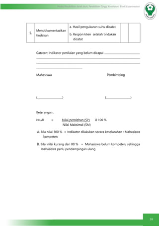 39
Modul Pendidikan Jarak Jauh, Pendidikan Tinggi Kesehatan Prodi Keperawatan
5.
Mendokumentasikan
tindakan
a. Hasil pengukuran suhu dicatat
b. Respon klien setelah tindakan
dicatat
Catatan: Indikator penilaian yang belum dicapai ...................................................
.....................................................................................................................................................
.....................................................................................................................................................
..................................................................
Mahasiswa 		 Pembimbing
(....................................) 		 (...................................)
Keterangan :
NILAI = Nilai perolehan (SP) X 100 %
Nilai Maksimal (SM)
A. Bila nilai 100 % = Indikator dilakukan secara keseluruhan : Mahasiswa
kompeten
B. Bilai nilai kurang dari 80 % = Mahasiswa belum kompeten, sehingga
mahasiswa perlu pendampingan ulang
 