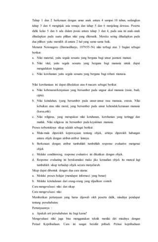Tahap 1 dan 2 berkenaan dengan umur anak antara 4 sampai 10 tahun, sedangkan
tahap 3 dan 4 menginjak usia remaja dan tahap 5 dan 6 menjelang dewasa. Peserta
didik kelas 5 dan 6 ada dalam posisi antara tahap 3 dan 4, pada usia ini anak-anak
dihadapkan pada suatu pilihan nilai yang dilematik. Mereka sering dihadapkan pada
dua pilihan yaitu memilih di antara 2 hal yang sama-sama baik.
Menurut Notonagoro (Darmodiharjo, 1979:55-56) nilai terbagi atas 3 bagian sebagai
berikut:
a. Nilai material, yaitu segala sesuatu yang berguna bagi unsur jasmani manusi.
b. Nilai vital, yaitu segala sesuatu yang berguna bagi manusia untuk dapat
mengadakan kegiatan.
c. Nilai kerohanian yaitu segala sesuatu yang berguna bagi rohani manusia.
Nilai kerohaniaan ini dapat dibedakan atas 4 macam sebagai berikut:
a. Nilai kebenaran/kenyataan yang bersumber pada ungsur akal manusia (rasio, budi,
cipta).
b. Nilai keindahan, (yang bersumber pada unsur-unsur rasa manusia, estesis. Nilai
kebaikan atau nilai moral, yang bersumber pada unsur kehendak/kemauan manusia
(karsa,etik).
c. Nilai religious, yang merupakan nilai ketuhanan, kerohanian yang tertinggi dan
mutlak. Nilai religious ini bersumber pada keyakinan manusia.
Proses terbentuknya sikap adalah sebagai berikut:
a. Mula-mula diperoleh kepercayaan tentang objek, artinya diperoleh hubungan
antara objek dengan atribut-atribut lainnya.
b. Berkenaan dengan atribut tumbuhlah tumbuhlah response evaluative mengenai
objek
c. Melalui conditioning, response evaluative ini dikaitkan dengan objek.
d. Response evaluating ini berakumulasi maka jika kemudian objek itu muncul lagi
tumbuhlah sikap terhadap objek secara menyeluruh.
Sikap dapat dibentuk dengan dua cara utama:
a. Melalui proses belajar (mendapat informasi yang benar)
b. Melalui keteladanan dari orang-orang yang dijadikan contoh
Cara mengevaluasi nilai dan sikap:
Cara mengevaluasi nilai
Memberikan pertanyaan yang harus dijawab oleh peserta didik, misalnya pendapat
tentang persahabatan.
Pertanyaannya :
a. Apakah arti persahabatan itu bagi kamu?
Mengevaluasi nilai juga bisa menggunakan teknik menilai diri misalnya dengan
Perisal Kepribadiaan. Cara ini sangat bersifat pribadi. Perisai kepribadiaan
 