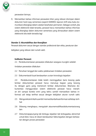 14
Modul Pendidikan Jarak Jauh, Pendidikan Tinggi Kesehatan Prodi Keperawatan
perawatan lainnya;
f)	 Memastikan bahwa informasi perawatan klien yang relevan disimpan dalam
dokumen hard copy sementara (seperti KARDEX, laporan shift atau buku ko-
munikasi) ditangkap dalam catatan kesehatan permanen. Sebagai contoh, jika
sistem elektronik tidak tersedia, perawat harus memastikan bahwa informasi
yang ditangkap dalam dokumen sementara yang dimasukkan dalam sistem
elektronik bila telah tersedia lagi
Standar 2: Akuntabilitas dan Kewajiban
Perawat dokumen sesuai dengan standar profesional dan etika, peraturan dan
kebijakan yang relevan dari rumah sakit.
Indikator Perawat:
2.1 Pendokumentasian perawatan dilakukan sesegara mungkin setelah
tindakan perawatan dilakukan
2.2 Penulisan tanggal dan waktu pelaksanaan tindakan perawatan.
2.3 Dokumentasidi buat berdasarkan urutan kronologis kejadian
2.4 Pendokumentasian tidak boleh meninggalkan baris kosong pada
lembar dokumentasi perawat harus menutup bagian yang kosong
itu dengan garis yang memenuhi lembar dokumentasi. Bilamana do-
kumentasi menggunakan sistem elektronik perawat harus menah-
an diri sampai koreksi entri yang keliru sambil memastikan bahwa in-
formasi asli tetap terlihat sesuai dengan kebijakan aturan rumah sakit.
2.5	 Mengoreksientrikelirusambil memastikanbahwainformasi aslitetap terli-
hat
2.6	 Dilarang menghapus, mengubah ataumemodifikasidokumentasiorang
lain
2.7 	 Dokumenapapunyang tak terduga, kejadian tak terdugaatau abnormal
untuk klien, harus di rekam berdasarkan fakta kejadian dengan berkaia-
tan dengan proses perawatan
 