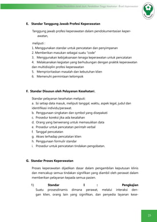 25
Modul Pendidikan Jarak Jauh, Pendidikan Tinggi Kesehatan Prodi Keperawatan
E. Standar Tanggung Jawab Profesi Keperawatan
Tanggung jawab profesi keperawatan dalam pendokumentasian keper-
awatan,
meliputi :
1. Menggunakan standar untuk pencatatan dan penyimpanan
2. Memberikan masukan sebagai suatu “code”
3. Menggunakan kebijaksanaan tenaga keperawatan untuk pencatatan
4. Melaksanakan kegiatan yang berhubungan dengan praktik keperawatan
dan multidisiplin profesi keperawatan
5. Memprioritaskan masalah dan kebutuhan klien
6. Memenuhi permintaan kelompok
F. Standar Disusun oleh Pelayanan Kesehatan
Standar pelayanan kesehatan meliputi:
a. Isi setiap data masuk, meliputi tanggal, waktu, aspek legal, judul dan
identifikasi individu/perawat.
b. Penggunaan singkatan dan symbol yang disepakati
c. Prosedur koreksi jika ada kesalahan
d. Orang yang berwenang untuk memasukkan data
e. Prosedur untuk pencatatan perintah verbal
f. Tanggal pencatatan
g. Akses terhadap pencatatan klien
h. Penggunaan formulir standar
i. Prosedur untuk pencatatan tindakan pengobatan.
G. Standar Proses Keperawatan
Proses keperawatan dijadikan dasar dalam pengambilan keputusan klinis
dan mencakup semua tindakan signifikan yang diambil oleh perawat dalam
memberikan pelayanan kepada semua pasien.
1)	 Standar I : Pengkajian
Suatu prosesdinamis dimana perawat, melalui interaksi den-
gan klien, orang lain yang signifikan, dan penyedia layanan kese-
 